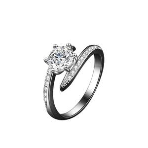 Macro detail of a 1-carat moissanite ring with bypass cross band and six-prong setting