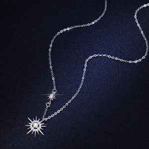 925 Sterling Silver Moissanite Star and Moon Necklace with sunburst pendant and O-chain