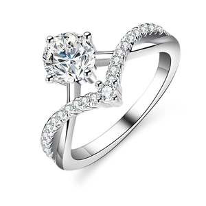 Elegant princess crown moissanite silver ring with V-shaped diamond pavé band design