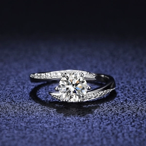 Elegant bypass moissanite silver ring with round center stone and pave accents