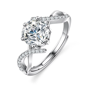 Moissanite ring for women with silver twisted band and six-prong round diamond setting