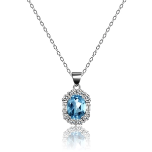 Collier élégant en argent sterling 925 avec topaze bleue ovale et halo de moissanites