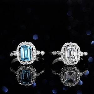 Women's 925 Sterling Silver Ring Emerald Cut Blue Topaz Moissanite Halo Adjustable Band Fine Jewelry Engagement Ring Gift
