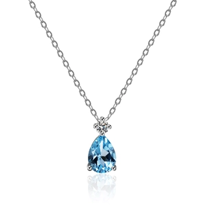 Sterling silver necklace featuring a pear-cut blue topaz pendant with moissanite accent