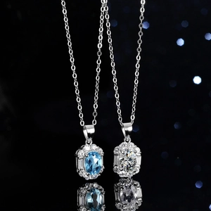 Collier en Argent Sterling 925 avec Pendentif Moissanite Topaze Bleue pour Femme Géométrique Coupe Émeraude Halo Certificat GRA