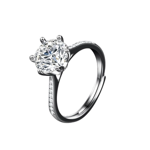Détail d'une bague moissanite à six griffes avec anneau flocon et monture en argent ajustable