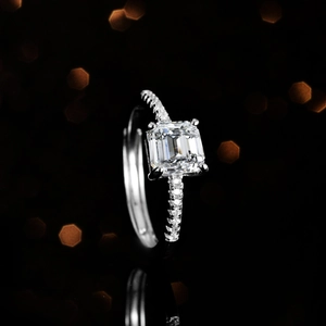 Blue Topaz silver ring with princess cut moissanite and micro-pave accents