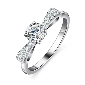 S925 sterling silver bow ring with round cut moissanite and pave set side stones