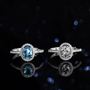 Bague Ouverte Ajustable en Argent Sterling 925 Avec Topaze Bleue Ovale et Moissanite Ronde Halo Pour Femme Bijoux Élégants
