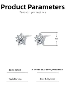 Detail showing S925 silver snowflake moissanite earrings with 5mm size measurements