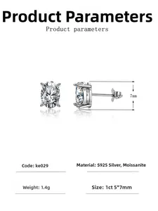 Detailed size and material specs for oval cut 1ct moissanite S925 silver stud earrings