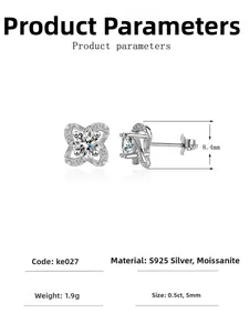 Detailed view of S925 silver moissanite clover earring with size and weight measurements