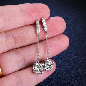 S925 sterling silver tassel earrings with round moissanite drops and sparkling diamonds