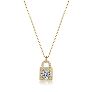 Pave heart lock pendant necklace in 18K gold finish with brilliant moissanite stone