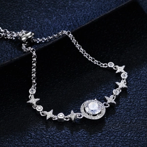 925 silver bracelet featuring round moissanite and star motifs with adjustable slide clasp