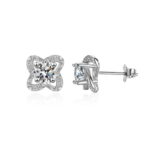 S925 sterling silver four-leaf clover stud earrings with moissanite center stones