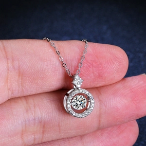 925 Sterling Silver Dancing Moissanite Heart Pendant Necklace with Round Halo Sparkle