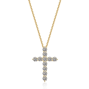 925 silver moissanite cross necklace with gold finish and sparkling round-cut stones
