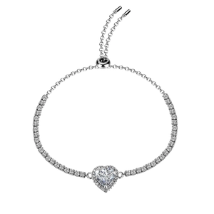 Bracelet tennis coeur en argent 925 avec halo en moissanite et fermoir bolo réglable