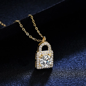 925 silver 1ct moissanite necklace with golden heart key lock pendant and cross chain