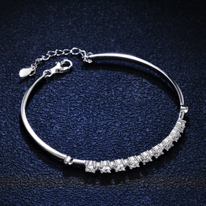 925 silver bangle bracelet with 12 round moissanite stones and heart charm extension