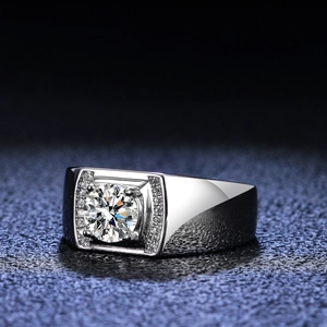 Polished 925 sterling silver men ring featuring a large moissanite center stone and halo