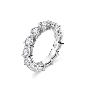 Eternity band ring with pear-cut moissanite stones in 925 sterling silver on white background