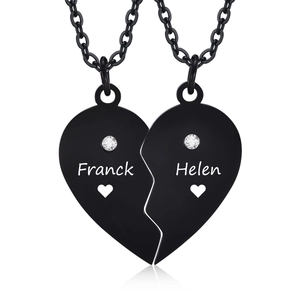 Edelstahl Herz-Puzzle Halskette für Paare in Schwarz mit Zirkonia und Gravur-Detail