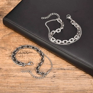 Double-layer stainless steel hip-hop bracelet with curb chain in polished and retro silver