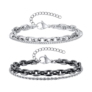 Double-layer stainless steel Cuban link bracelet for men with silver and black finishes