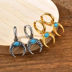 Orecchini a cerchio vintage in acciaio con lune di turchese in tonalità oro e argento