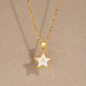 Gold stainless steel star pendant necklace with letter A engraving and white enamel