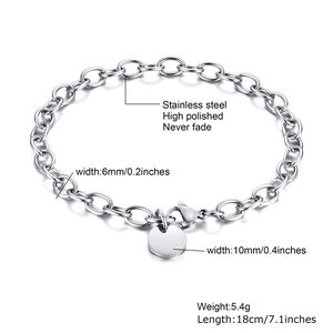 Bracelet gourmette en acier inoxydable poli avec breloque ronde et fermoir mousqueton sûr