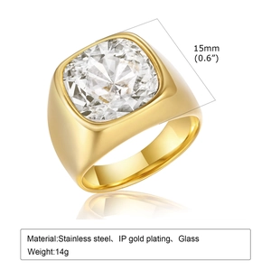 Gold stainless steel ring with large 15mm square white glass gemstone on white background