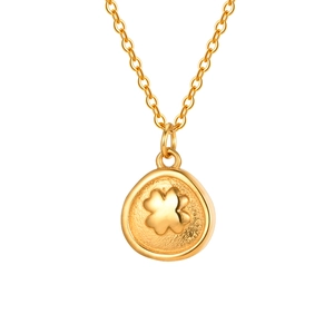 18K gold plated stainless steel four-leaf clover pendant on flat cross chain necklace