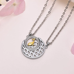 Copper sun moon and whale tail jigsaw pendant necklace for couples with zircon inlay