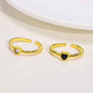 Anello Regolabile Aperto in Rame con Zirconia a Cuore per Donna Fascia Perlata Placcata in Oro Gioielli di Moda Regalo