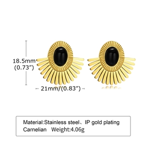 Golden stainless steel fan shaped stud earrings with black onyx center for women