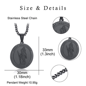 Detailed view of Saint Christopher pendant necklace showing size and 30mm diameter