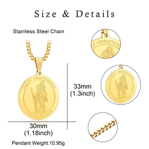 Gold Saint Christopher necklace for men with size details and stainless steel chain