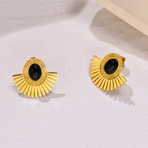 Vintage Stainless Steel Fan Shaped Stud Earrings For Women Gold Plated Sunburst Geometric Black Agate Stone Stud Earrings