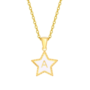 Golden titanium steel star pendant necklace with white enamel letter A on white background