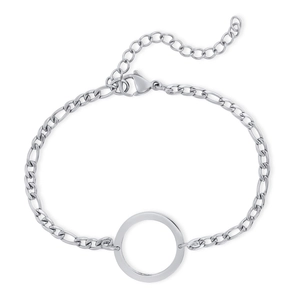 Silver stainless steel Figaro chain bracelet for men with central ring and lobster clasp