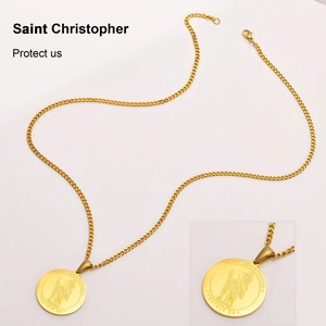 Gold Saint Christopher protection medal necklace with curb chain for men in stainless steel