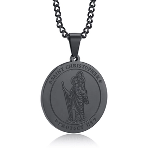 Men's black stainless steel Saint Christopher medallion necklace with curb chain