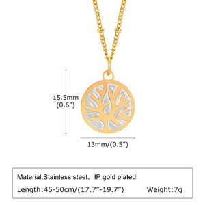 Collier en acier inoxydable doré avec pendentif rond arbre de vie et chaîne à billes