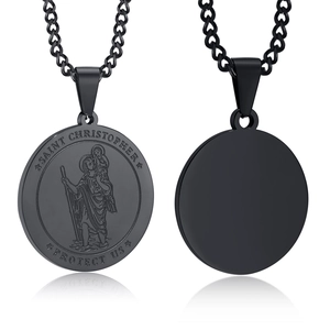 Detail of black stainless steel St. Christopher pendant with PROTECT US engraving