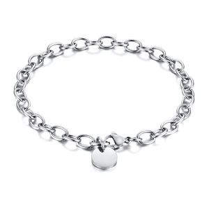 Bracelet à maillons en acier inoxydable argenté poli avec pendentif rond et fermoir mousqueton