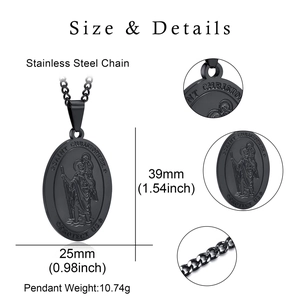 Men's black stainless steel Saint Christopher oval pendant necklace with dimensions