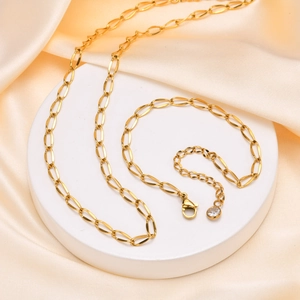 18K Gold Plated Stainless Steel Paperclip Chain Necklace Bracelet Set Minimalist Oval Link Jewelry With Zirconia For Women